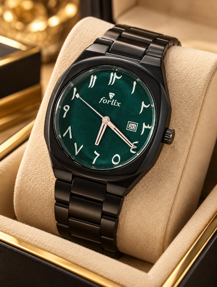 Black With Green Mens Arabic Numeral Analog Watch