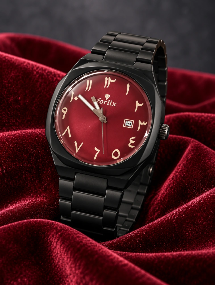 Black With Maroon Mens Arabic Numeral Analog Watch