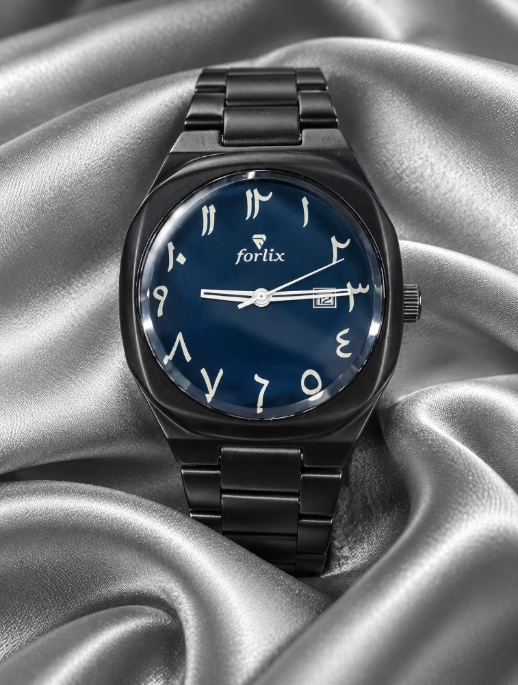 Black With Navy Blue Mens Arabic Numeral Analog Watch