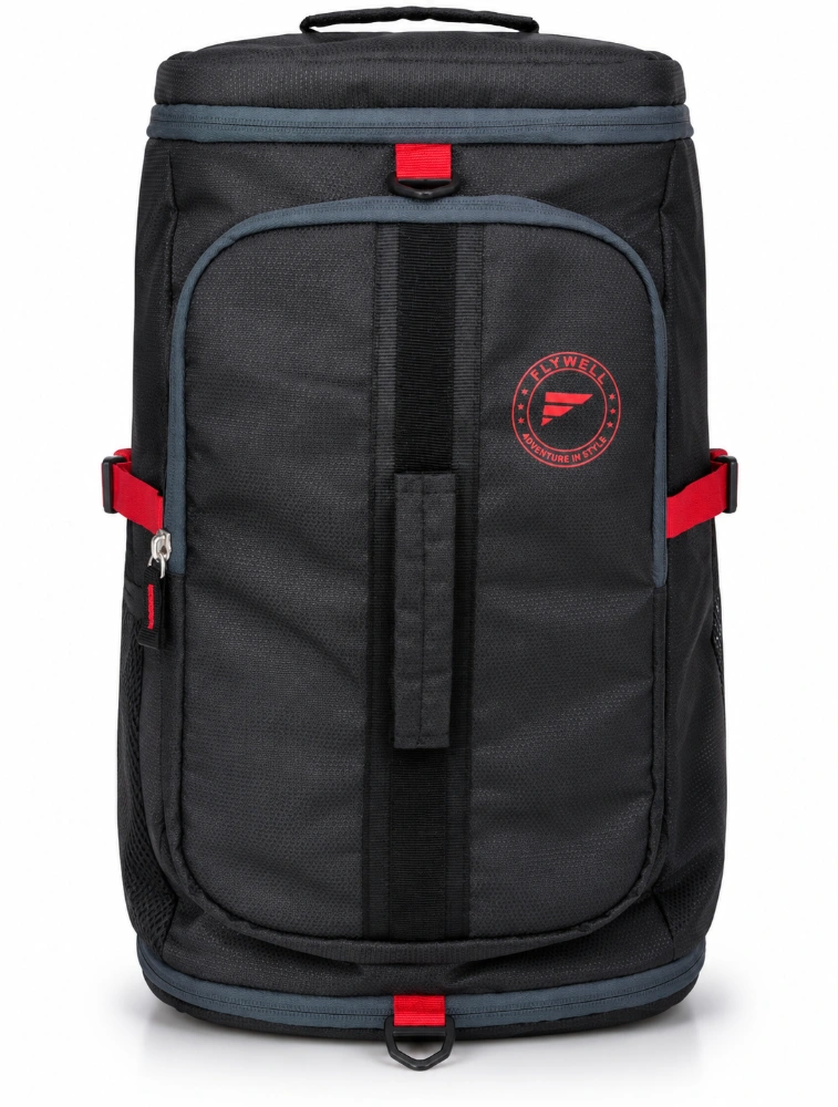 Black With Red Accents Flywell Multi Compartment Travel And Adventure Backpack