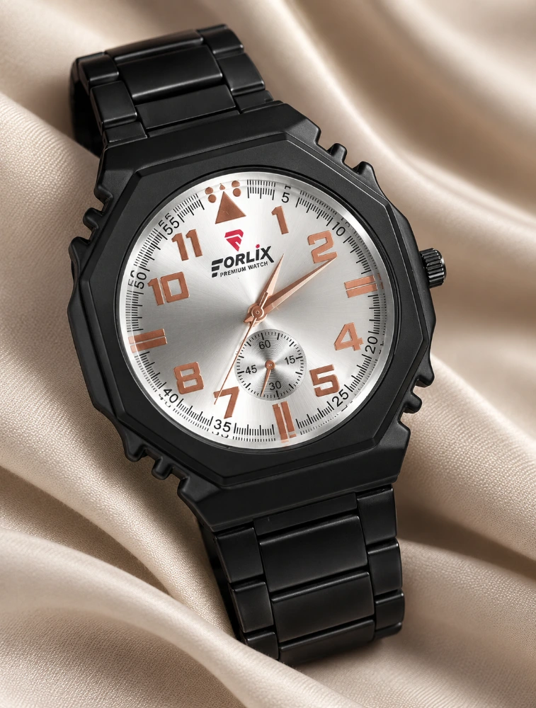 Black With Silver Arabic Dial Mens Shadow Edge Analog Watch