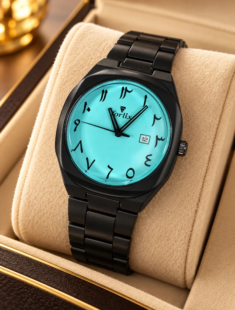 Black With Sky Blue Mens Arabic Numeral Analog Watch