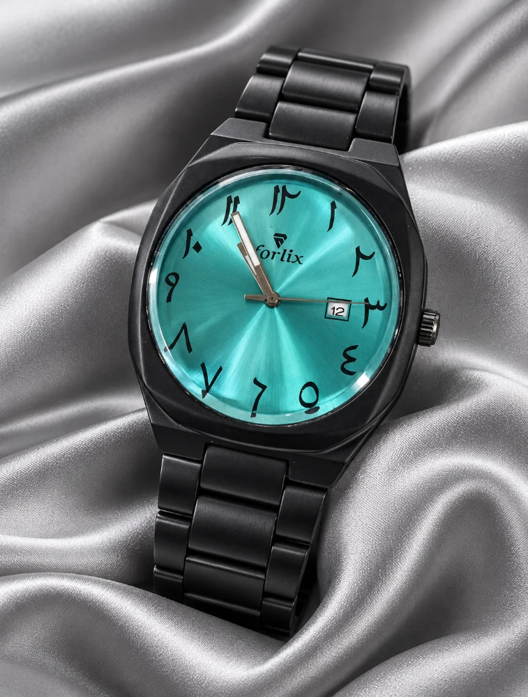 Black With Teal Mens Arabic Numeral Analog Watch