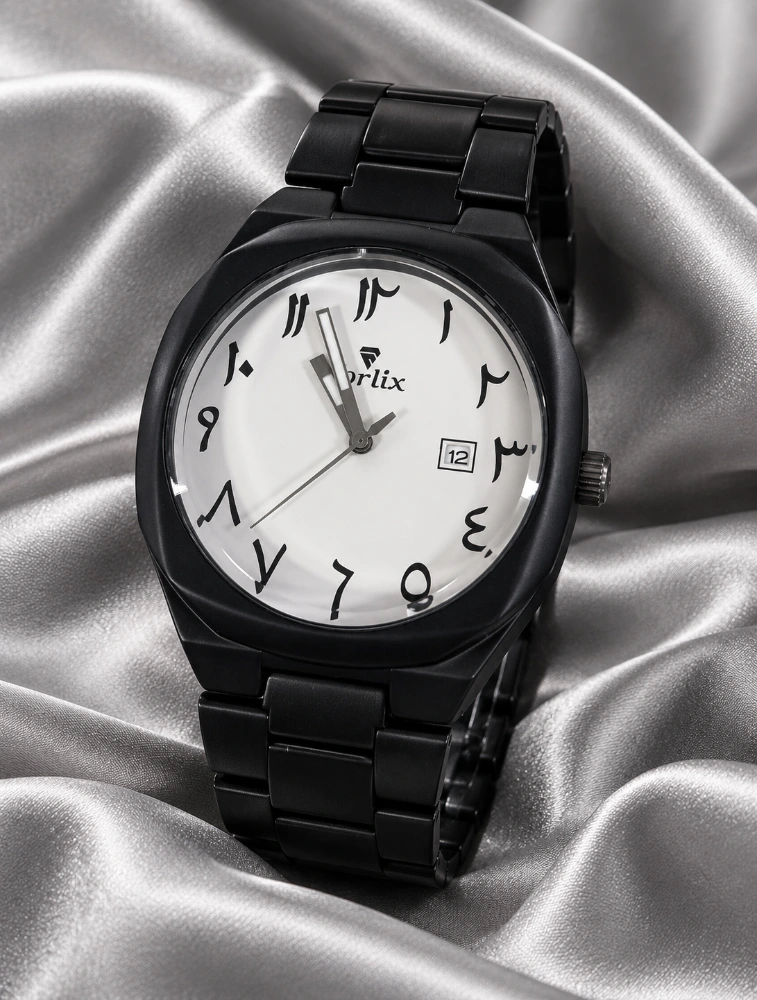 Black With White Mens Arabic Numeral Analog Watch