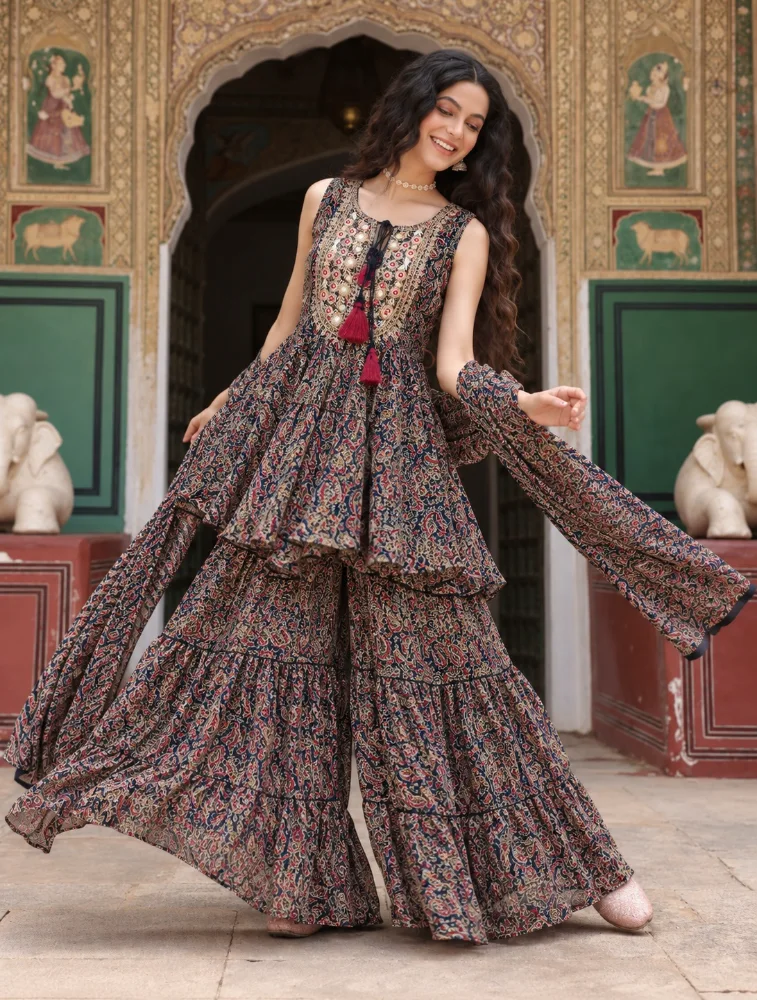 Black Women Ethnic Embroidered Kurta with Sharara and Dupatta Set