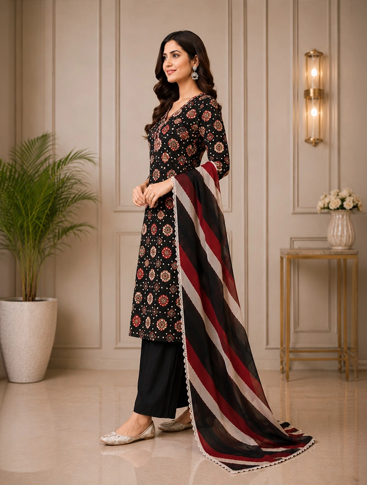 Black Women's Printed Kurta Set With Dupatta 