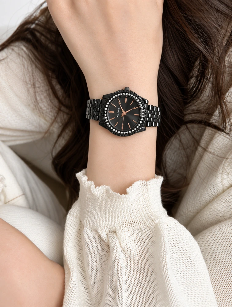 Black Womens Crystal Elegance Analog Watch