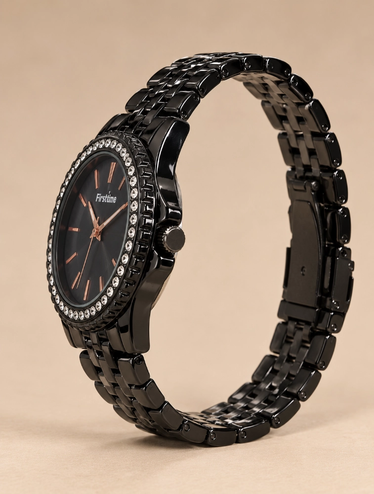 Black Womens Crystal Elegance Analog Watch