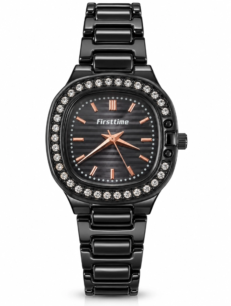 Black Womens Elegant Crystal Studded Analog Watch