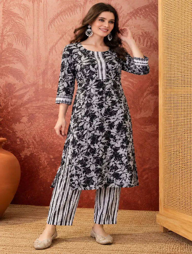 Black Womens Floral Printed Kurti With Pant Set