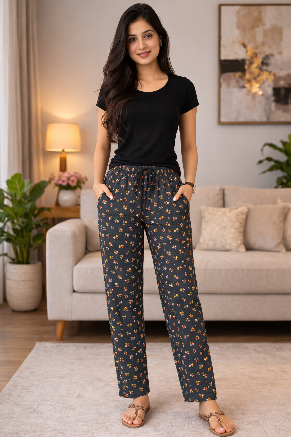 Black Womens Floral Printed Polycotton 120 GSM Lounge Pant with Pocket