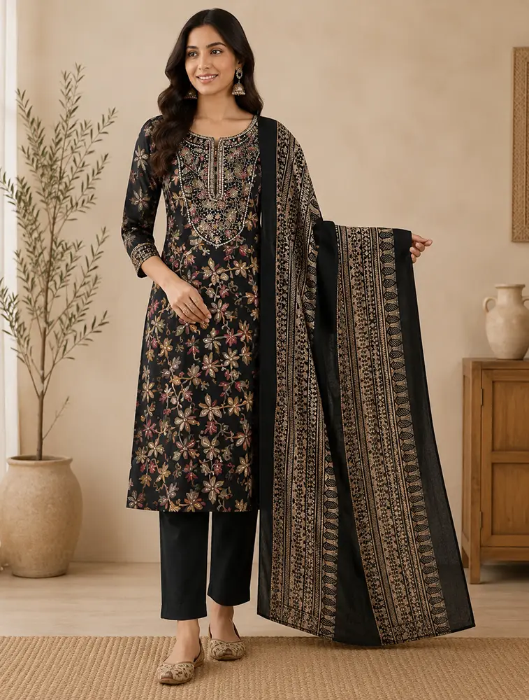 Black Womens Floral Printed Satin Muslin Fabric Kurtha Set With Dupatta
