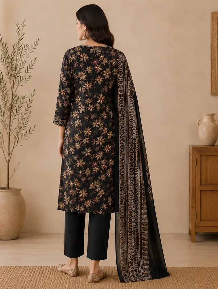 Black Womens Floral Printed Satin Muslin Fabric Kurtha Set With Dupatta — bulk from ₹1066
