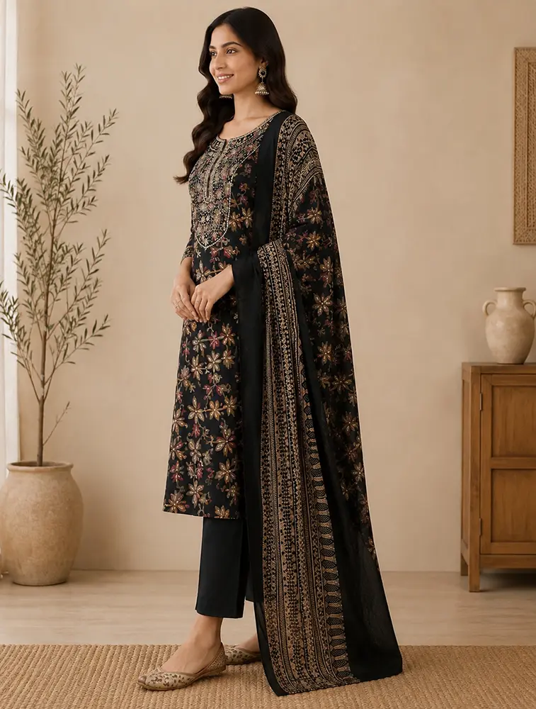 Black Womens Floral Printed Satin Muslin Fabric Kurtha Set With Dupatta