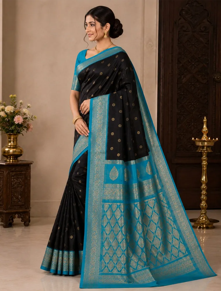 Black Womens Premium Semi Gadwal Saree