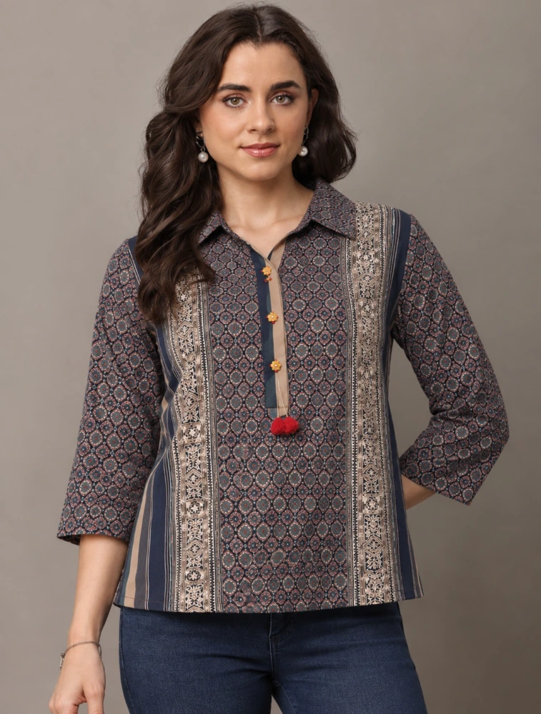 Black Womens Print Ethnic Crepe  Top