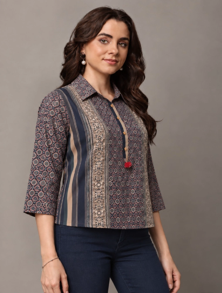 Black Womens Print Ethnic Crepe  Top