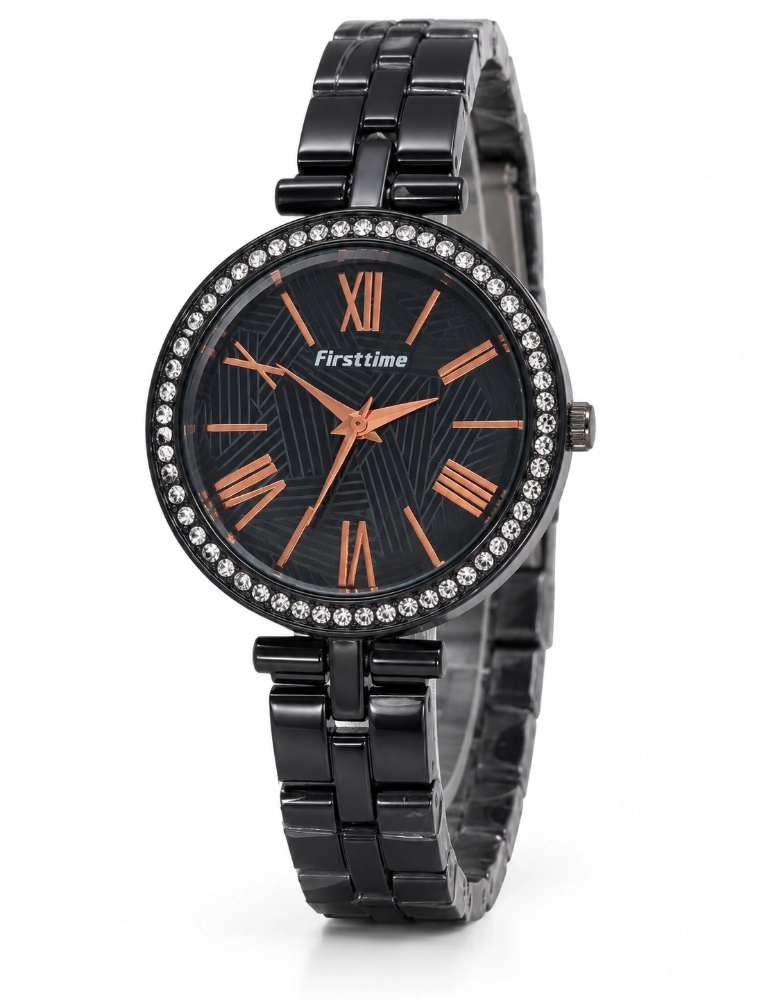 Black Womens Rhinestone Analog Bracelet Watch