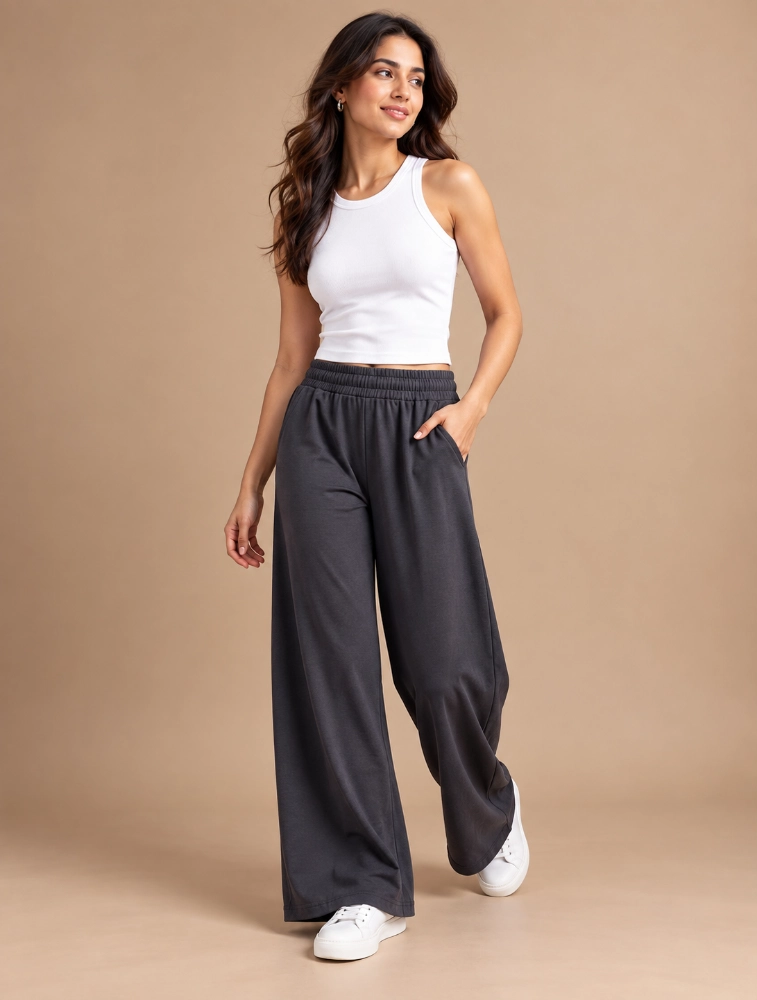 Black Womens Solid Wide Leg Palazzo Pant
