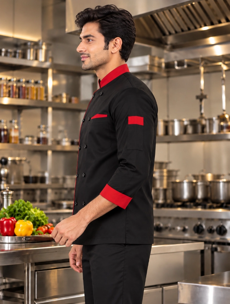 Black and Red Cuff Coat UNIFAB INDIA  Chef Uniform 