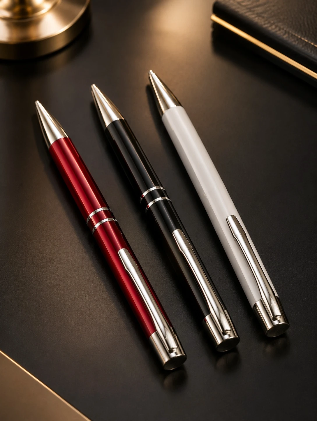 Black and Red Premium Glossy Steel Ball Pen with Silver Clip Pack of 3