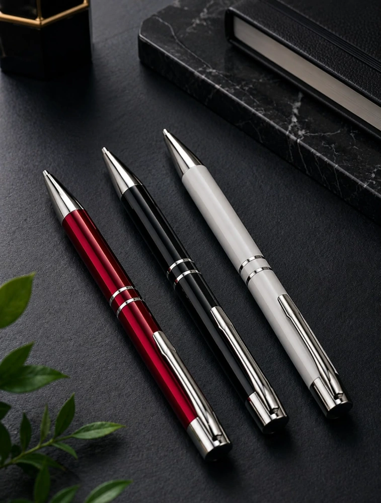 Black and Red Premium Glossy Steel Ball Pen with Silver Clip Pack of 3 — bulk from ₹71