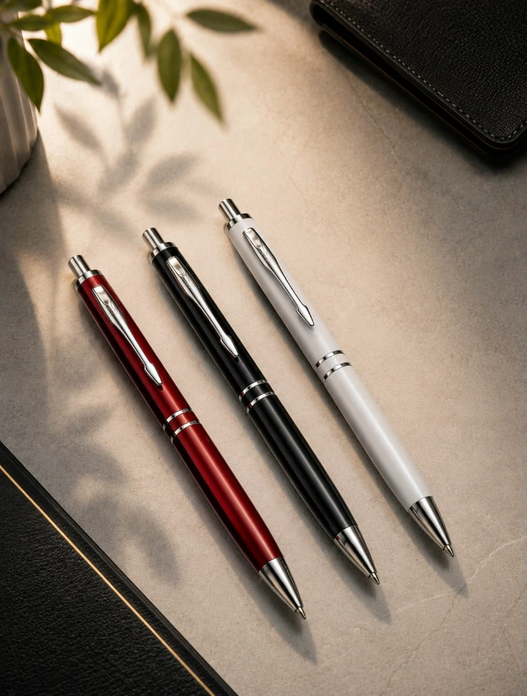 Black and Red Premium Glossy Steel Ball Pen with Silver Clip Pack of 3 — bulk from ₹71
