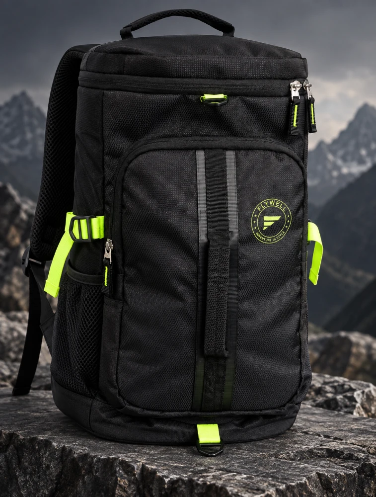 Black with Neon Lime Green Flywell Multi Compartment Travel And Adventure Backpack
