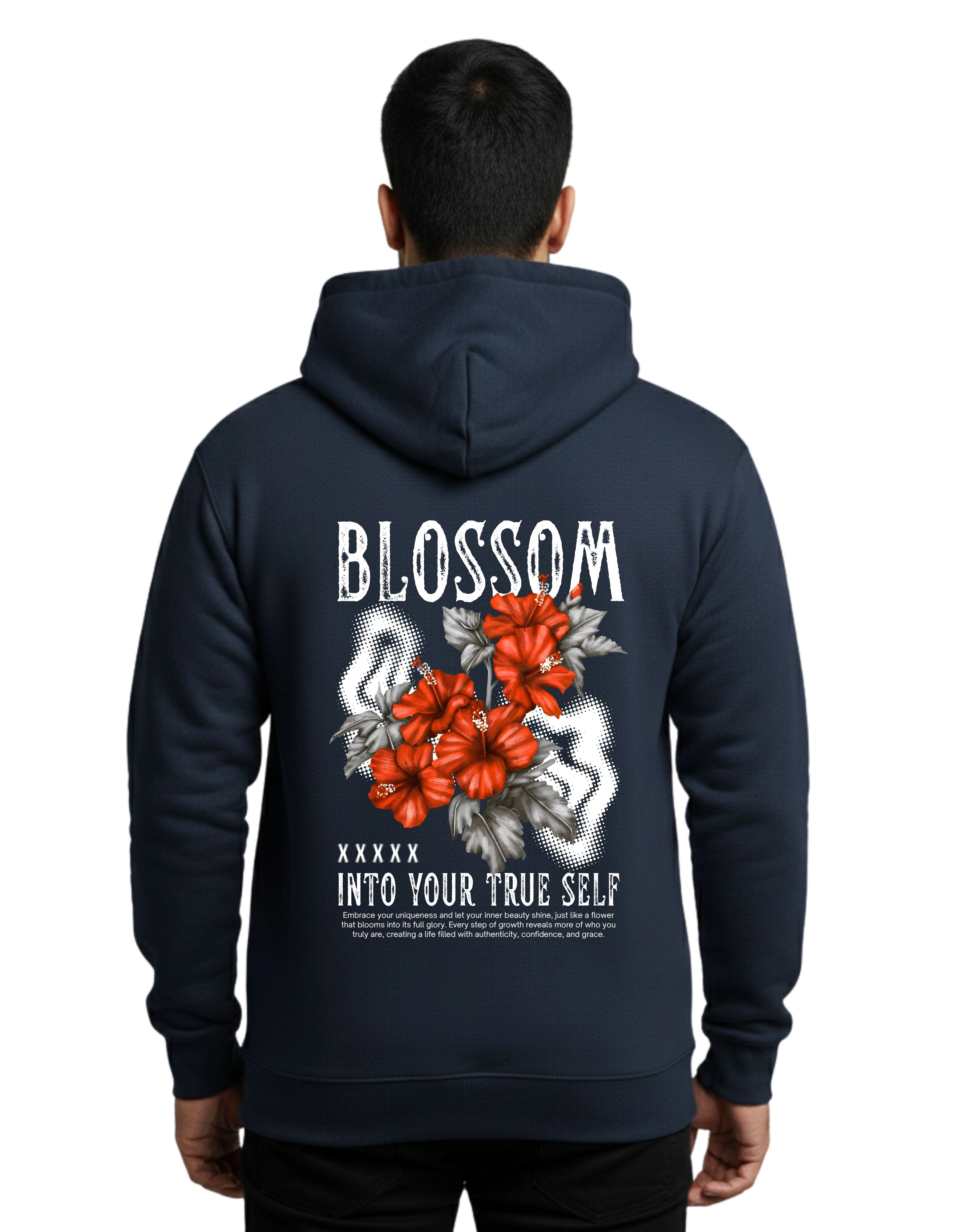 Blossom Graphic Cotton Hoodie Without Zipper 300 GSM Navy Blue