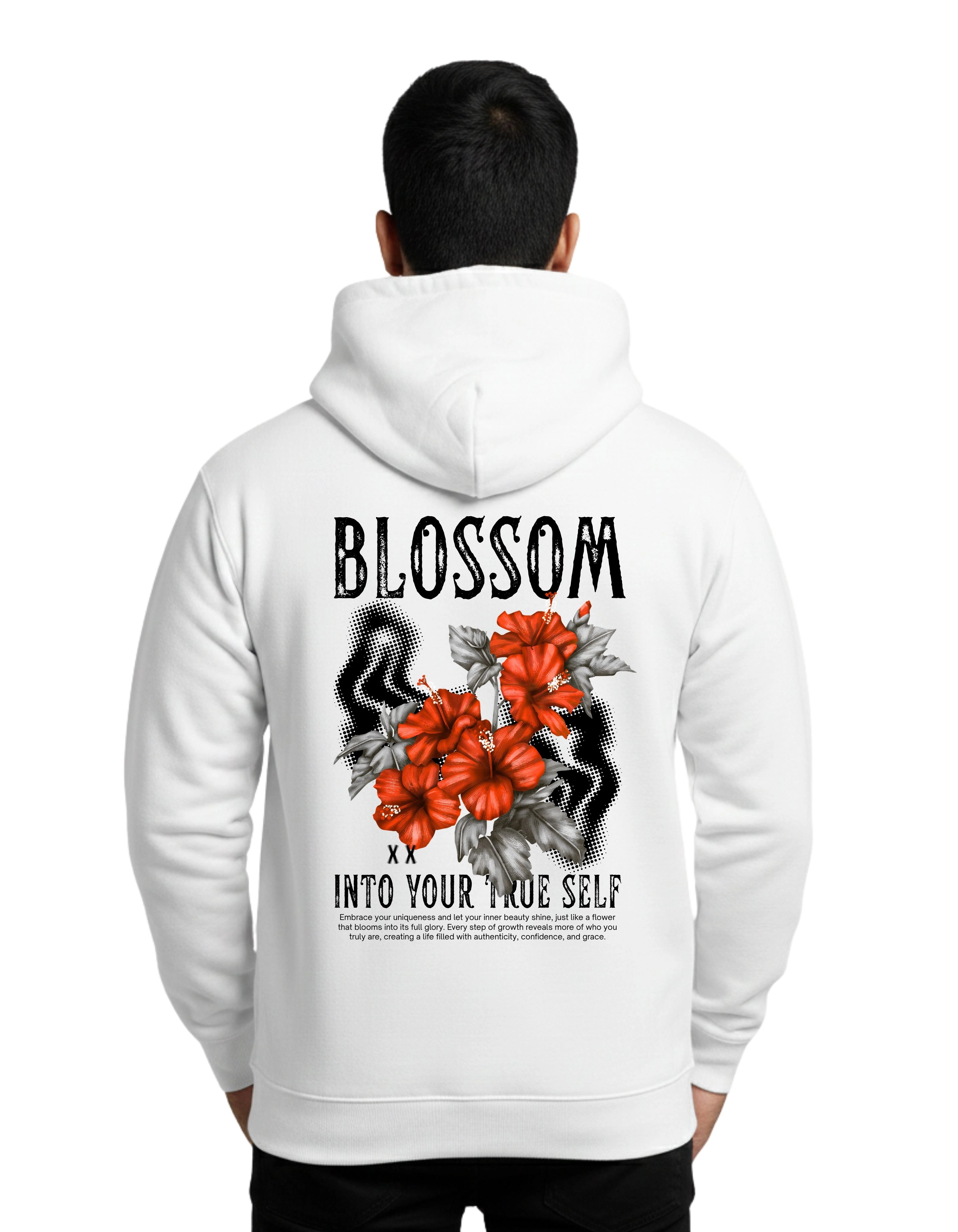 Blossom Graphic Cotton Hoodie Without Zipper 300 GSM White