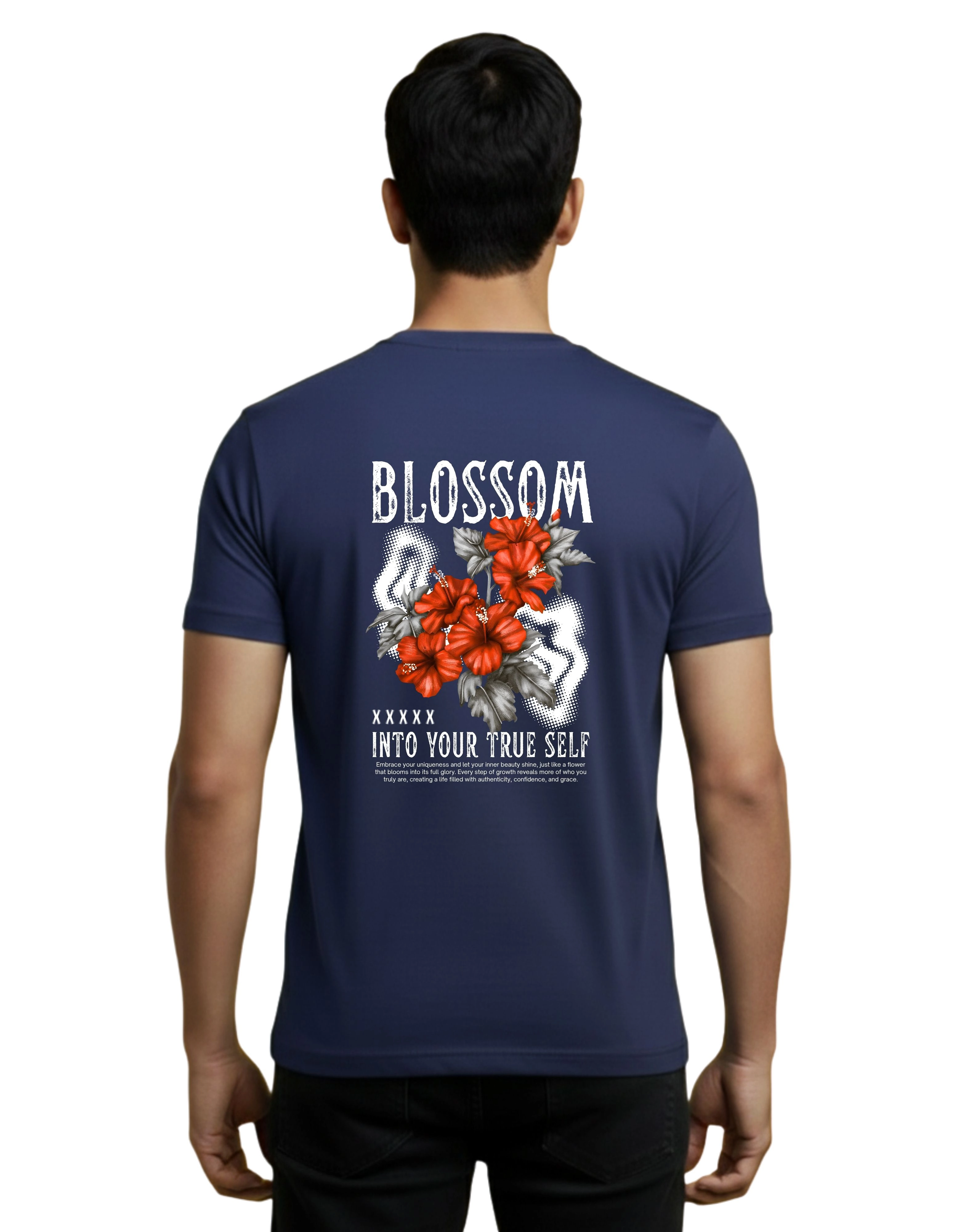 Blossom Graphic Cotton Round Neck T-Shirt 180 GSM Navy Blue