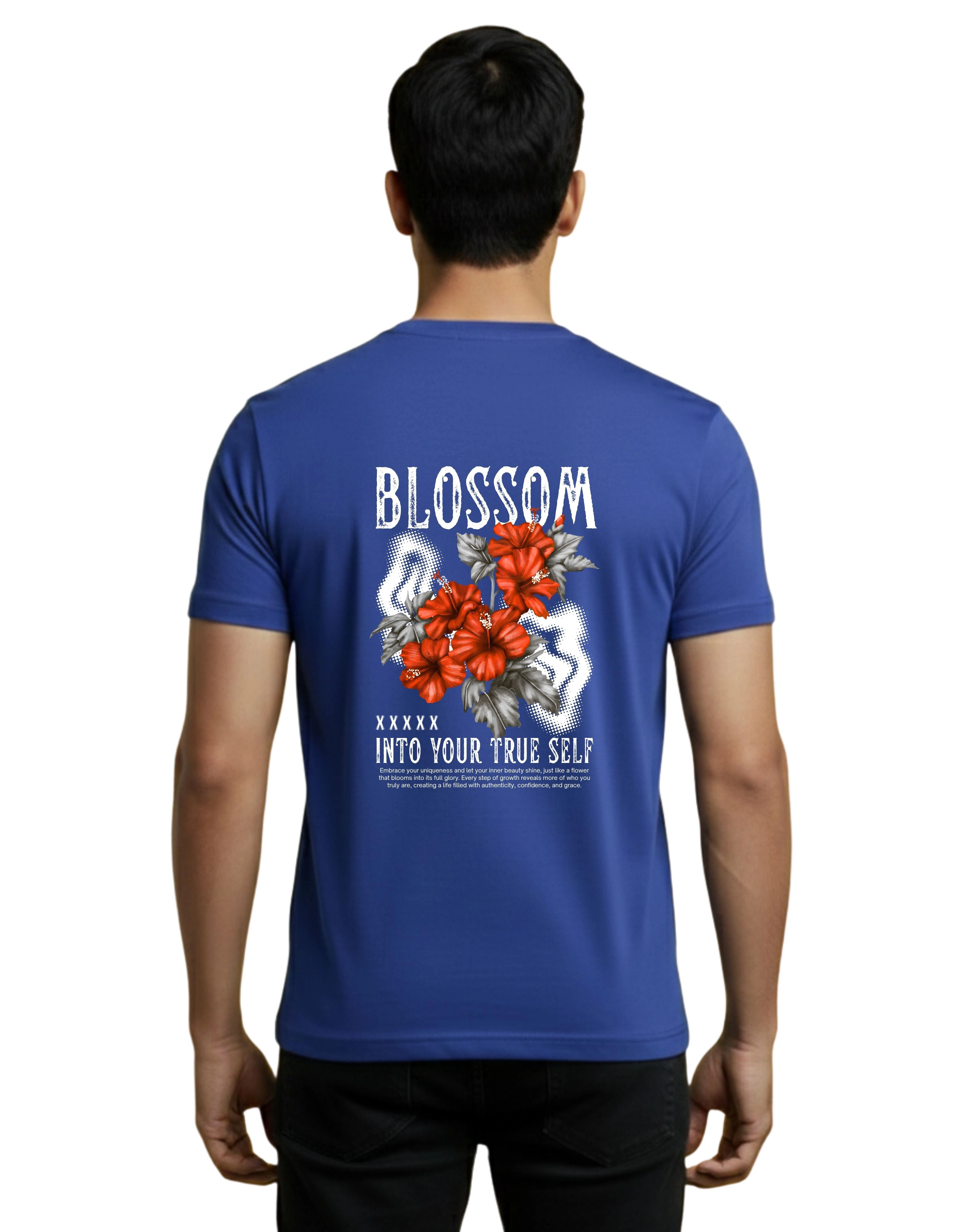 Blossom Graphic Cotton Round Neck T-Shirt 180 GSM Royal Blue