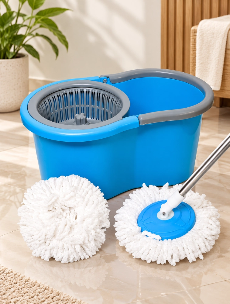 Blue 360 Degree Rotating Spin Mop and Bucket with Microfiber Mop Heads