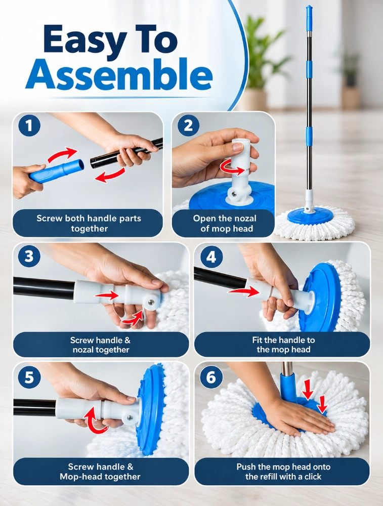 Blue 360 Degree Rotating Spin Mop and Bucket with Microfiber Mop Heads