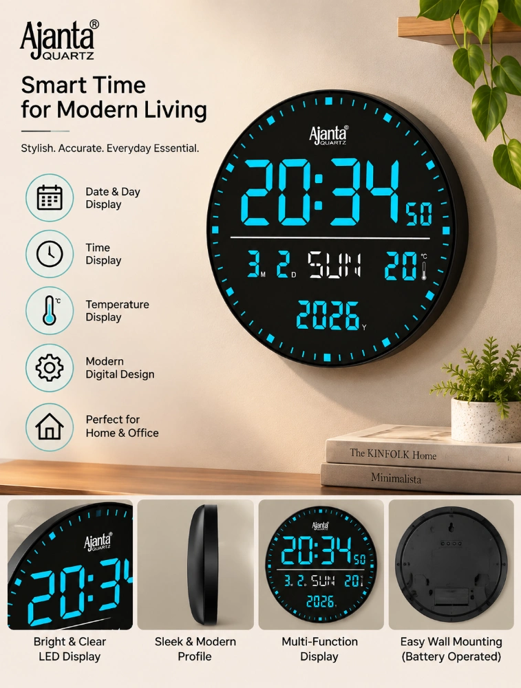 Blue Ajanta DigiOrbit Round Digital Calendar Wall Clock  DC 247 