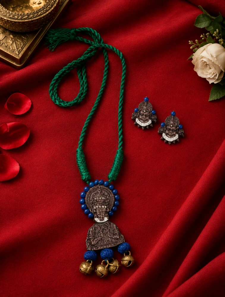 Blue Artisan Handmade Divine Motif Terracotta Jewellery Set