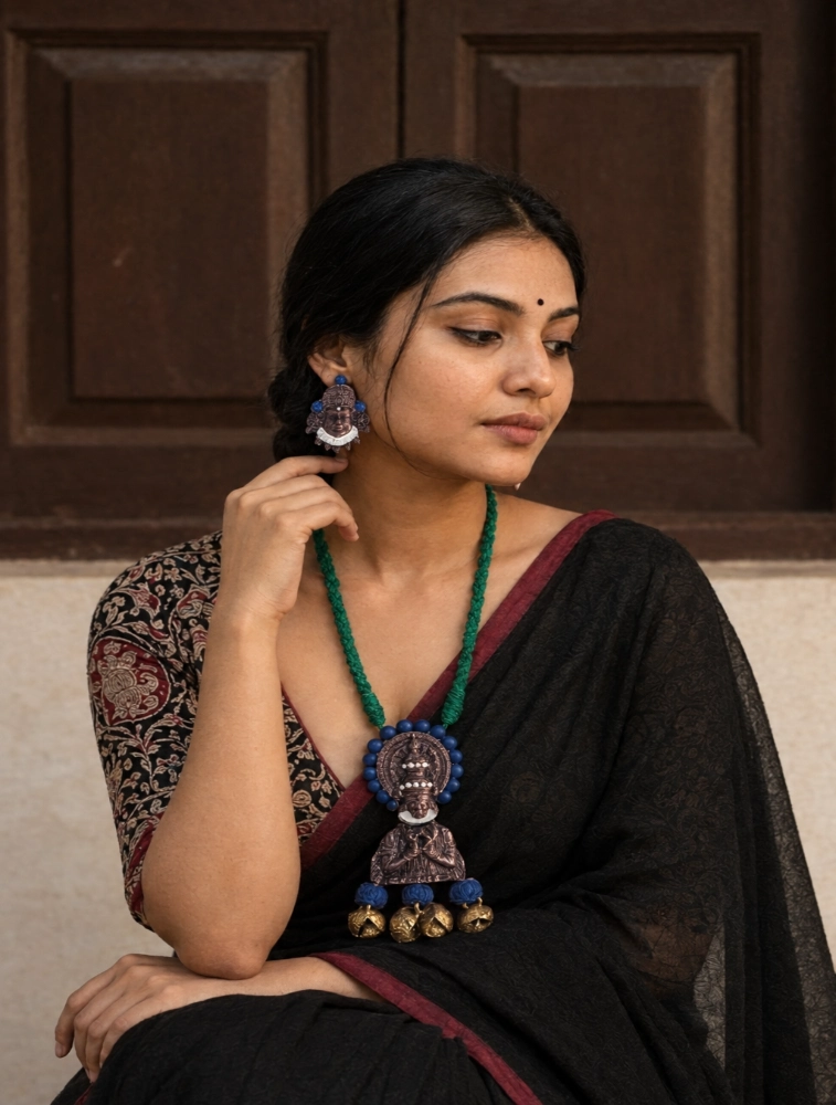 Blue Artisan Handmade Divine Motif Terracotta Jewellery Set