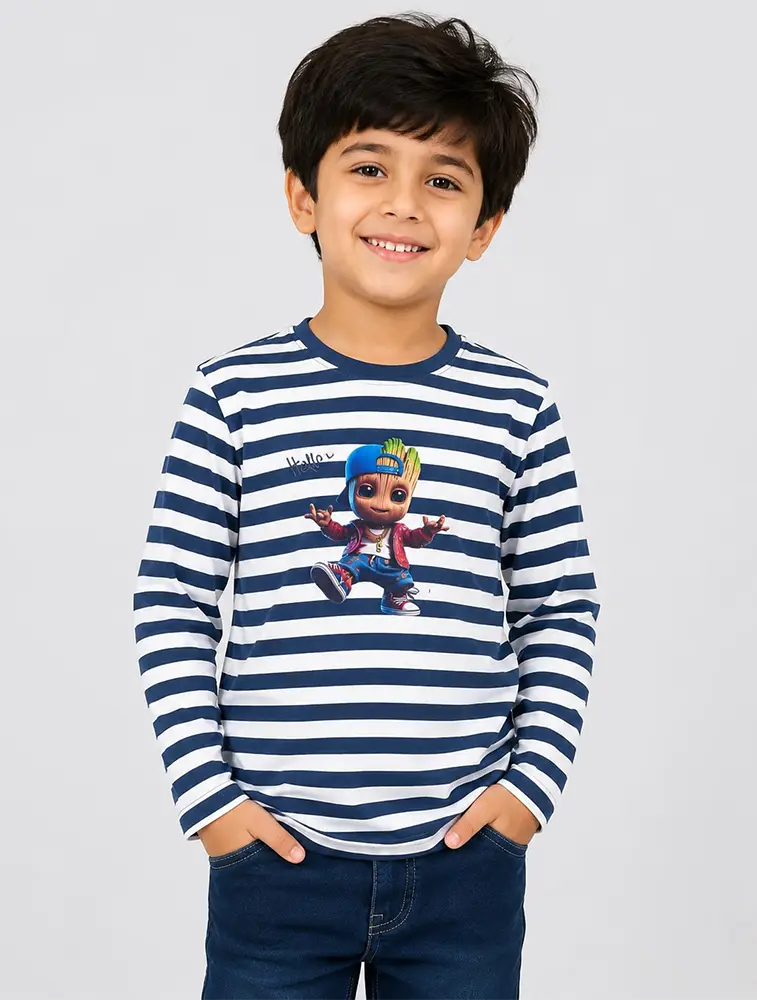 Blue Boys Round Neck Printed T Shirt