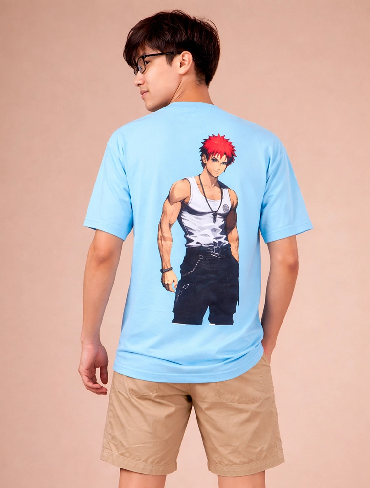 Blue Gaara Anime Warrior Graphic Boys Oversized Cotton French Terry Half Sleeve Round Neck 220 GSM T shirt