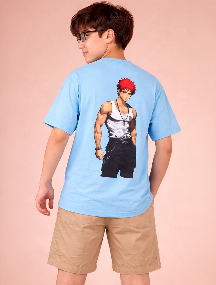 Blue Gaara Anime Warrior Graphic Boys Oversized Cotton French Terry Half Sleeve Round Neck 220 GSM T shirt