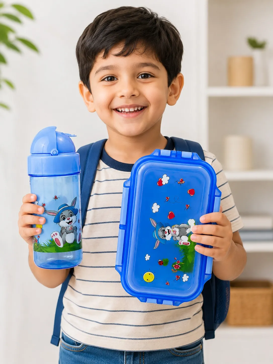 Blue Happy Kids Cartoon Lunch Box And Sipper Bottle Combo Set
