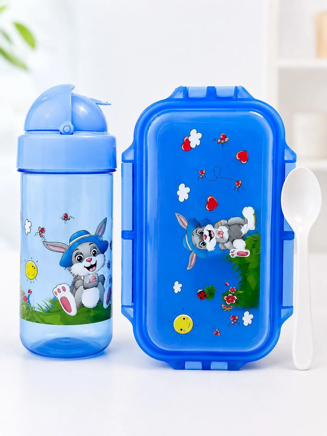Blue Happy Kids Cartoon Lunch Box And Sipper Bottle Combo Set