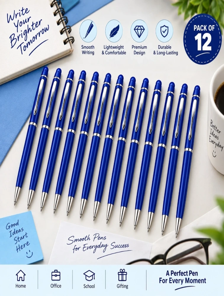 Blue Premium Slim Metal Ball Pen with Silver Clip Pack of 12