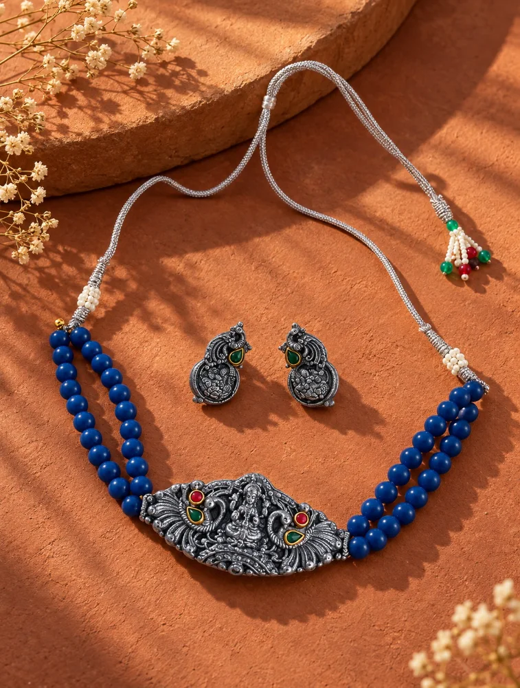 Blue Regal Peacock Terracotta Jewellery Set