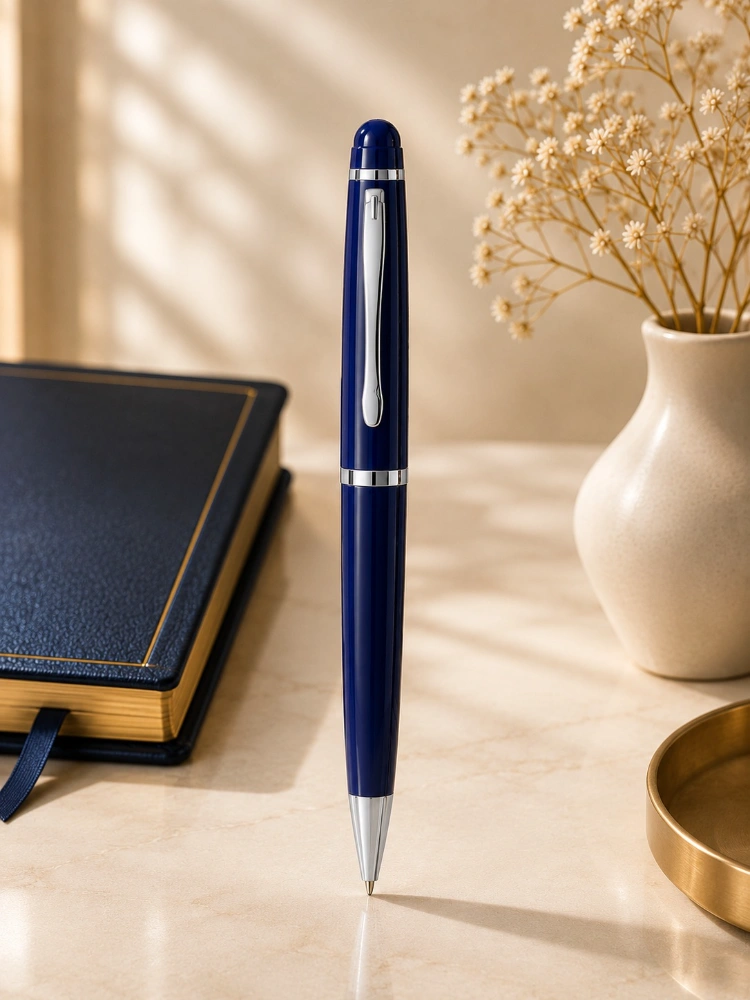 Blue Slim Metal Ball Pen with Silver Clip