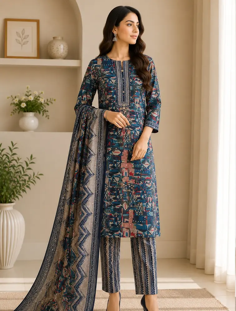 Blue Womens Floral Printed Rayon Fabric Kurtha Set With Dupatta 