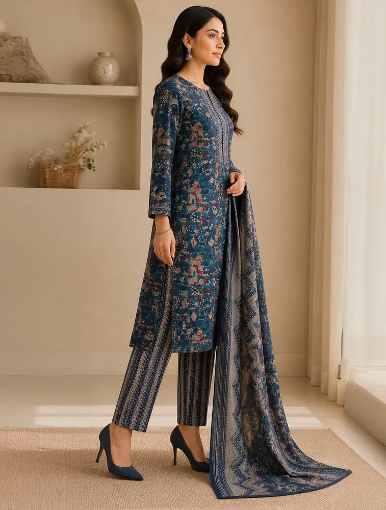 Blue Womens Floral Printed Rayon Fabric Kurtha Set With Dupatta