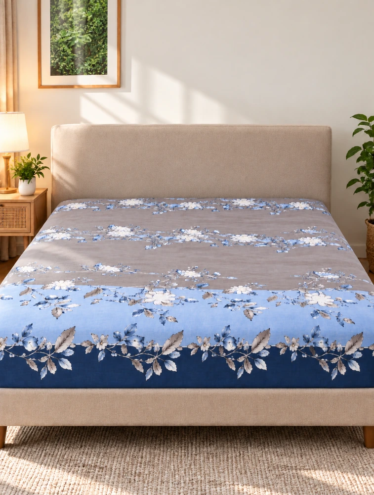 Blue with Grey Elasticated King Sized Bedsheet and Pillow Covers Set  