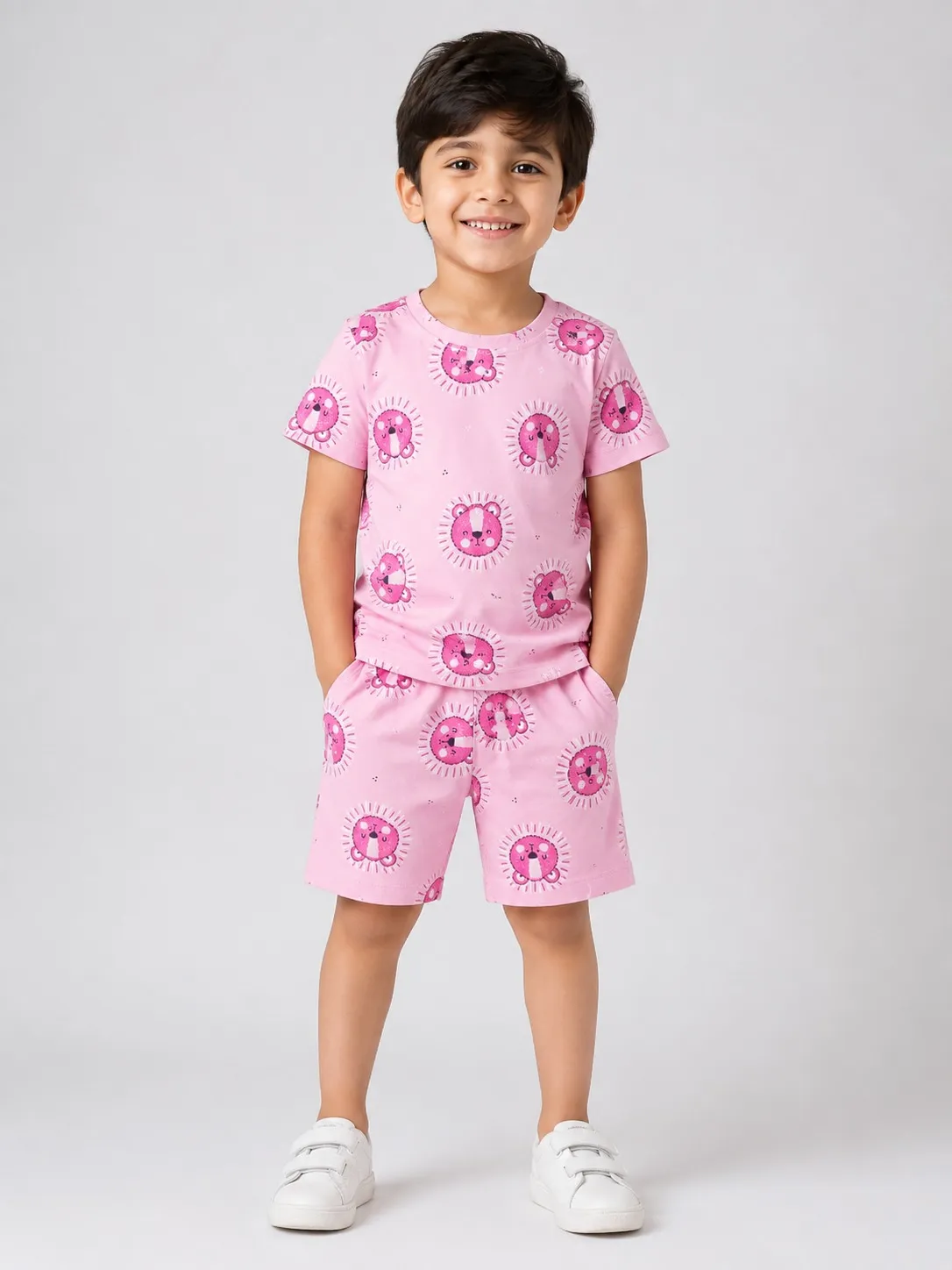 Blush Pink Boys Premium Printed T Shirts And Shorts Set