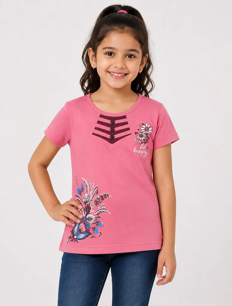 Blush Pink Girls Premium Printed Half Sleeve T Shirts
